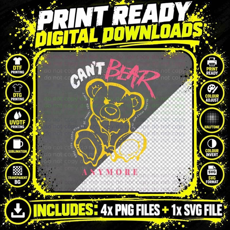 Can't Bear Anymore Yellow Outline Typography Streetwear Png SVG Digital Bundle