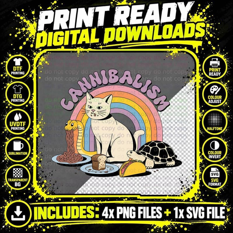 Cannibalism Cat T-Shirt, Cat Eating Spaghetti with a Png SVG Digital Bundle