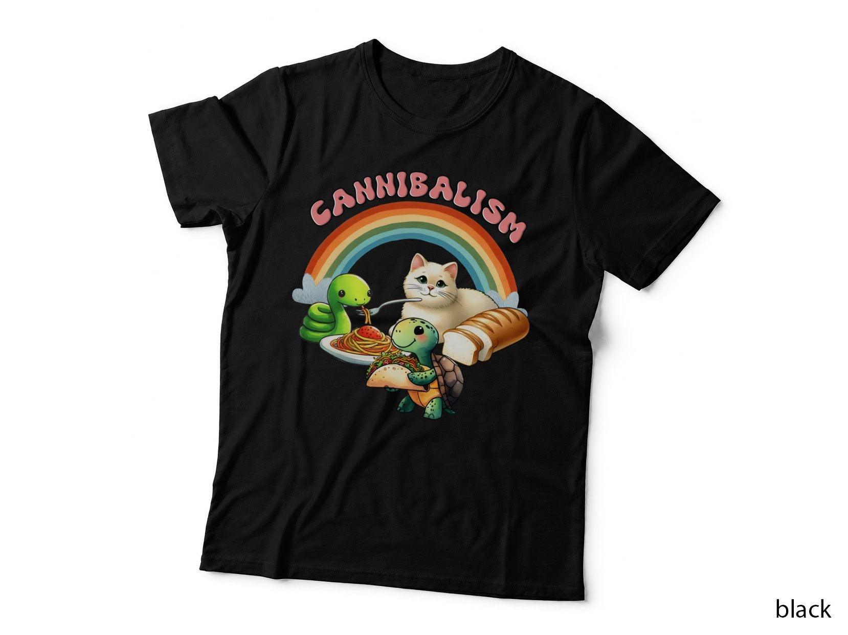 Cannibalism Cat T-Shirt, Whimsical Animals Eating Spaghetti Graphic Tee