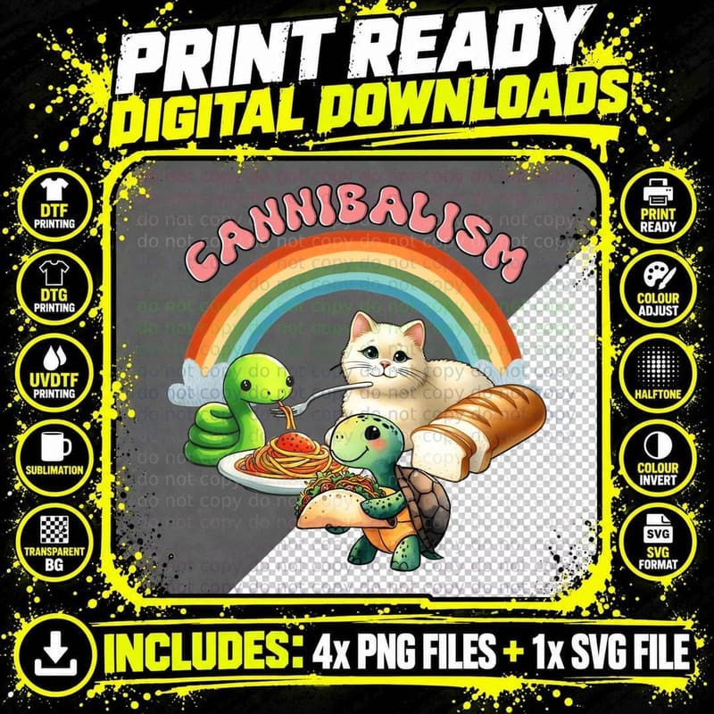 Cannibalism Cat T-Shirt, Whimsical Animals Eating Png SVG Digital Bundle