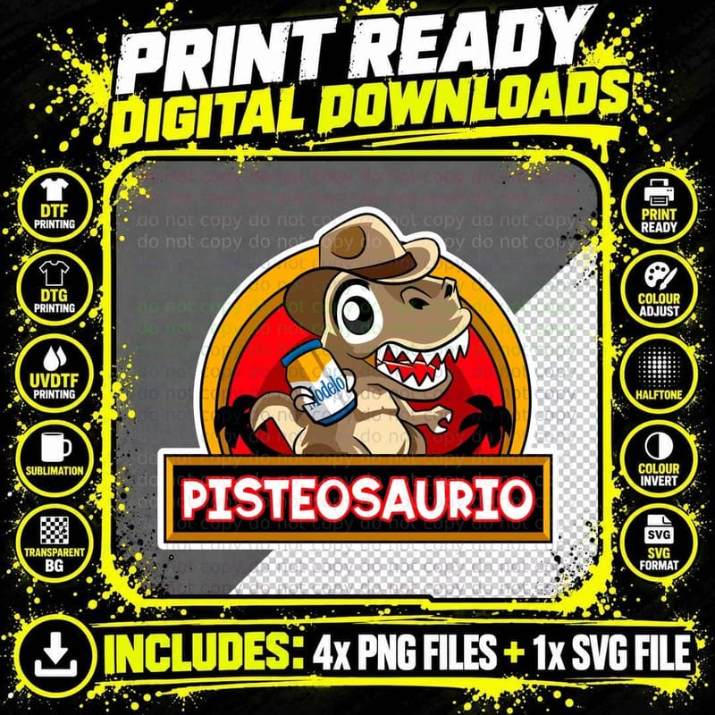 Cartoon Pisteosauro Dinosaur Caricature with Tattoos Png SVG Digital Bundle