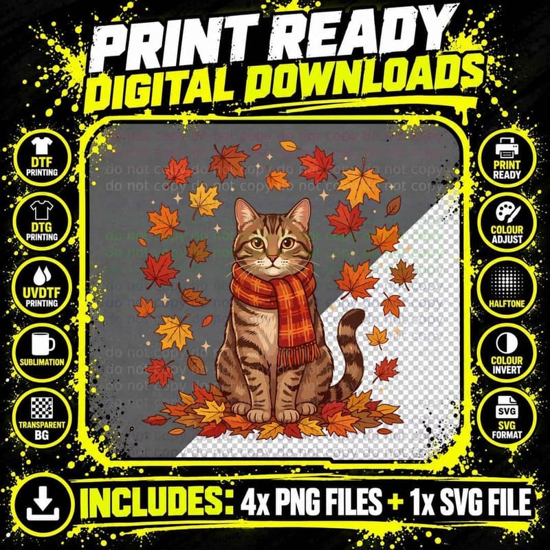 Cat Autumn Leaves Scarf Cozy Fall T-Shirt Png SVG Digital Bundle