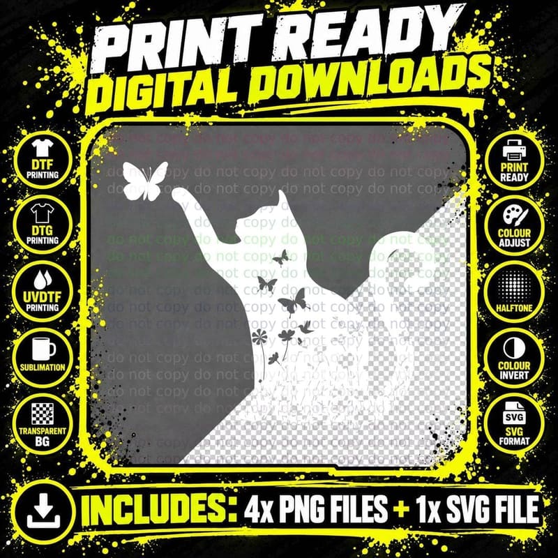Cat Chasing Butterflies in Garden Floral Cat T-Shirt Png SVG Digital Bundle