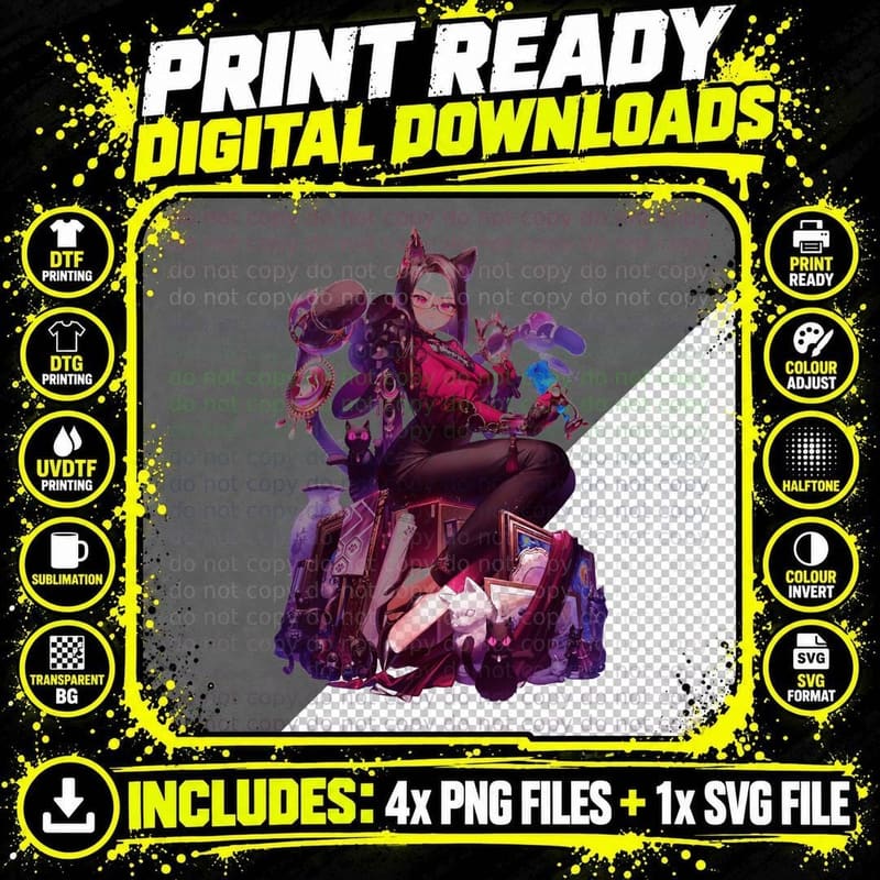 Cat Girl Cyberpunk Halftone Ears Purple T-Shirt Png SVG Digital Bundle