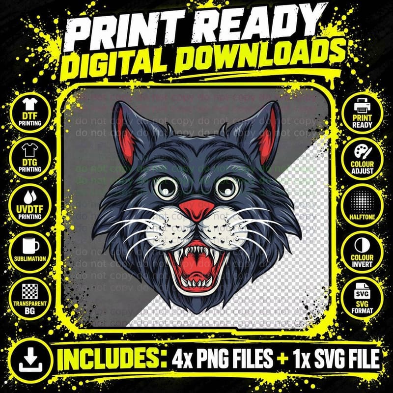 Cat Head Angry Blue Red Fierce T-Shirt Png SVG Digital Bundle
