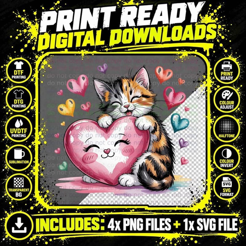 Cat Heart Orange Pink Multicolor Cute Illustration Png SVG Digital Bundle