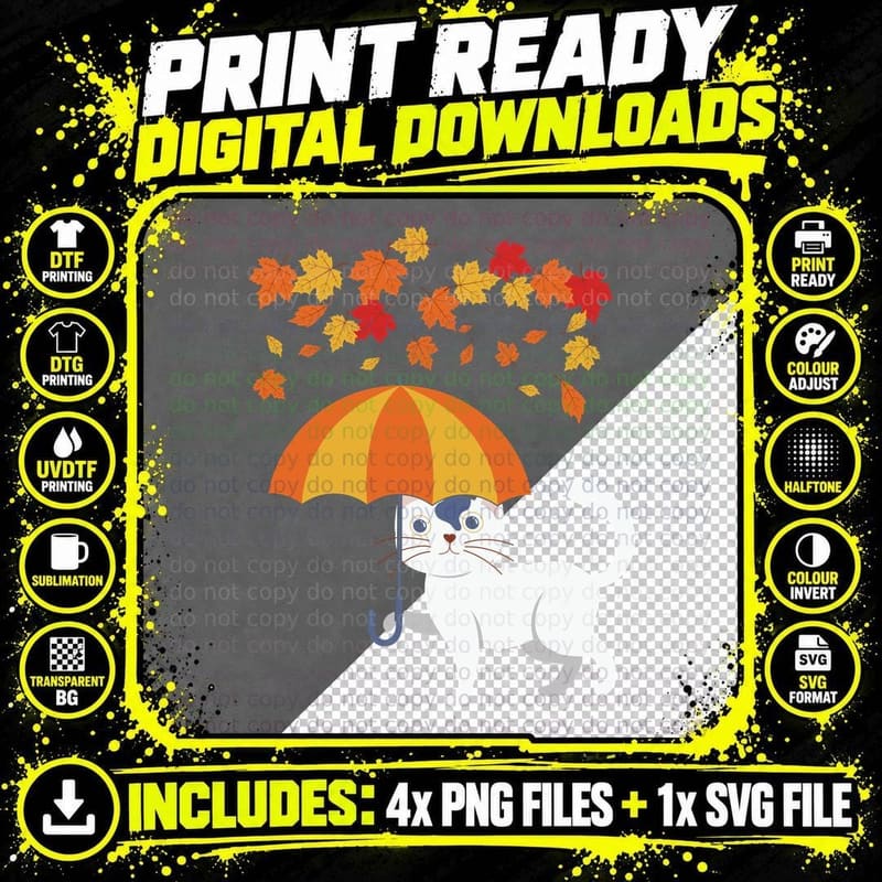Cat Holding Umbrella with Falling Leaves Fall T-Shirt Png SVG Digital Bundle