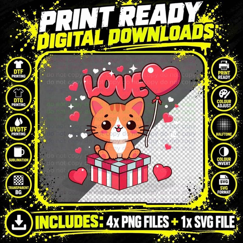 Cat Love You with Heart Cute Animal T-Shirt Png SVG Digital Bundle