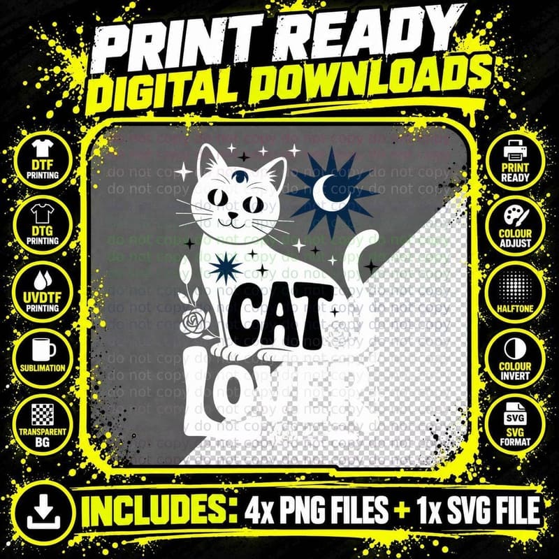 Cat Lover Cat T-Shirt, Black Cat Under Stars and Sun Png SVG Digital Bundle