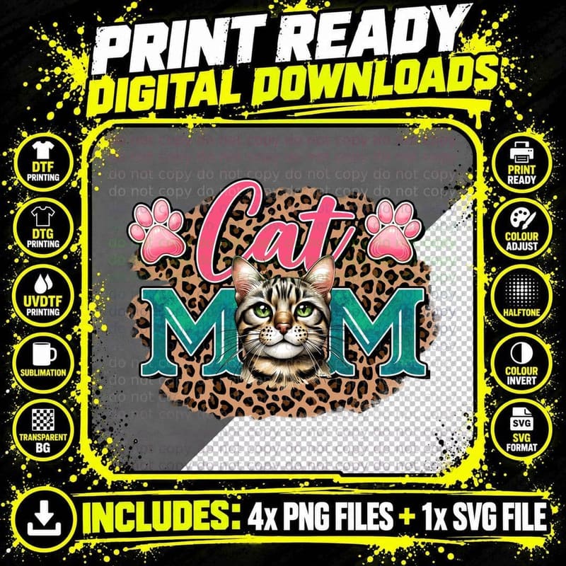 Cat Mom Cat T-Shirt, Cat Mom Leopard Print Background Png SVG Digital Bundle