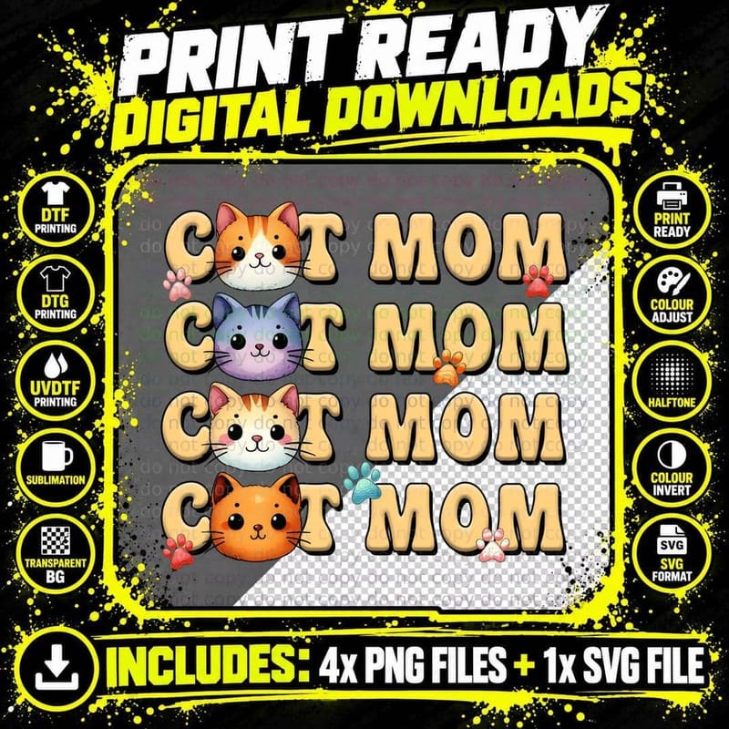 Cat Mom Cat T-Shirt, Cat Mom Paws Design Graphic Tee Png SVG Digital Bundle