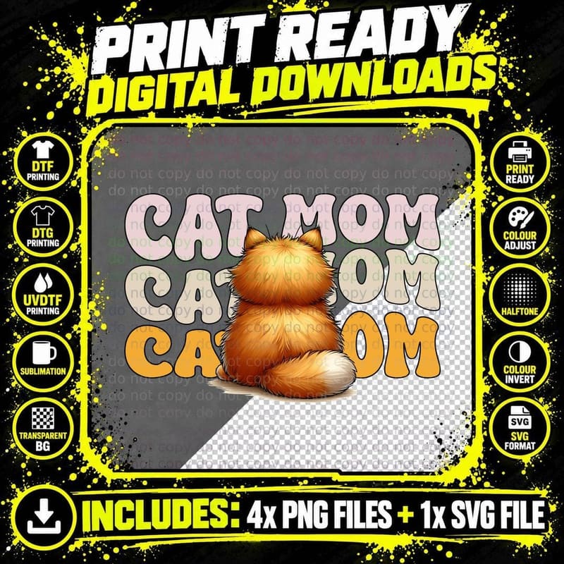 Cat Mom Cat T-Shirt, Cat Sitting on Floor with Cat Mom Png SVG Digital Bundle