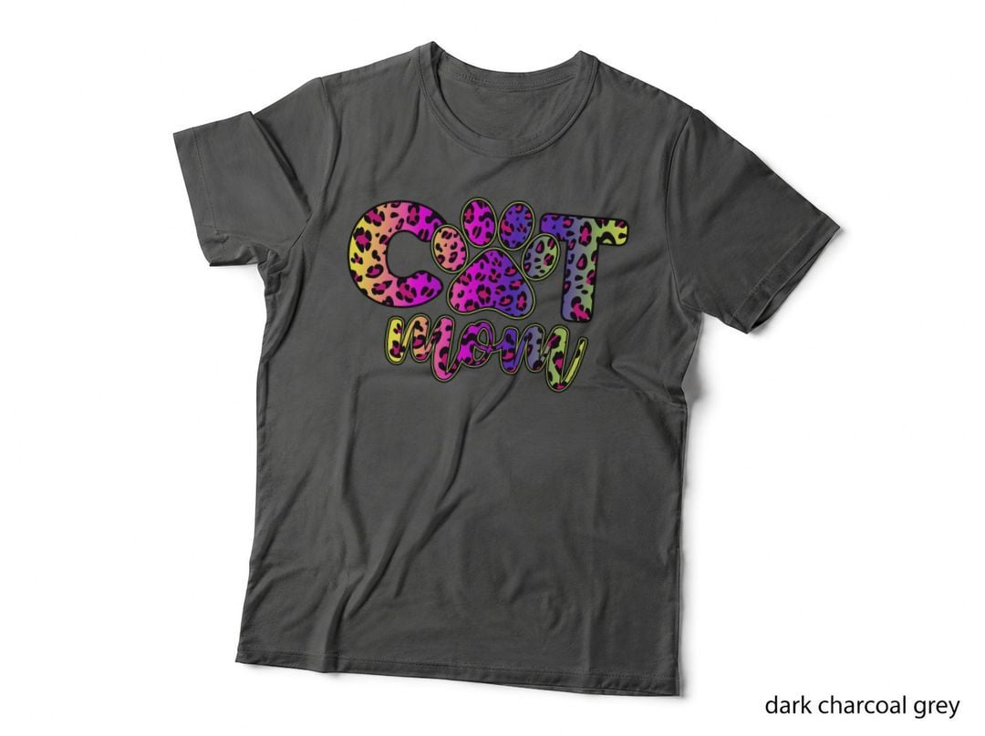 Cat Mom Cat T-Shirt, Colorful Leopard Print Paw Print Graphic Tee