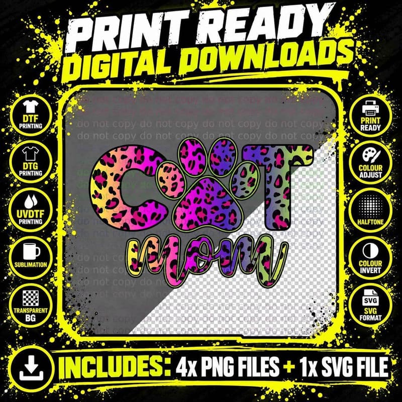 Cat Mom Cat T-Shirt, Colorful Leopard Print Paw Print Png SVG Digital Bundle