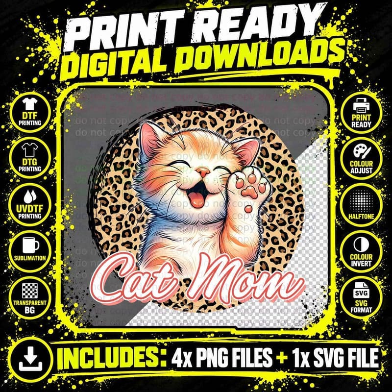Cat Mom Cat T-Shirt, Happy Cat with Leopard Print Png SVG Digital Bundle