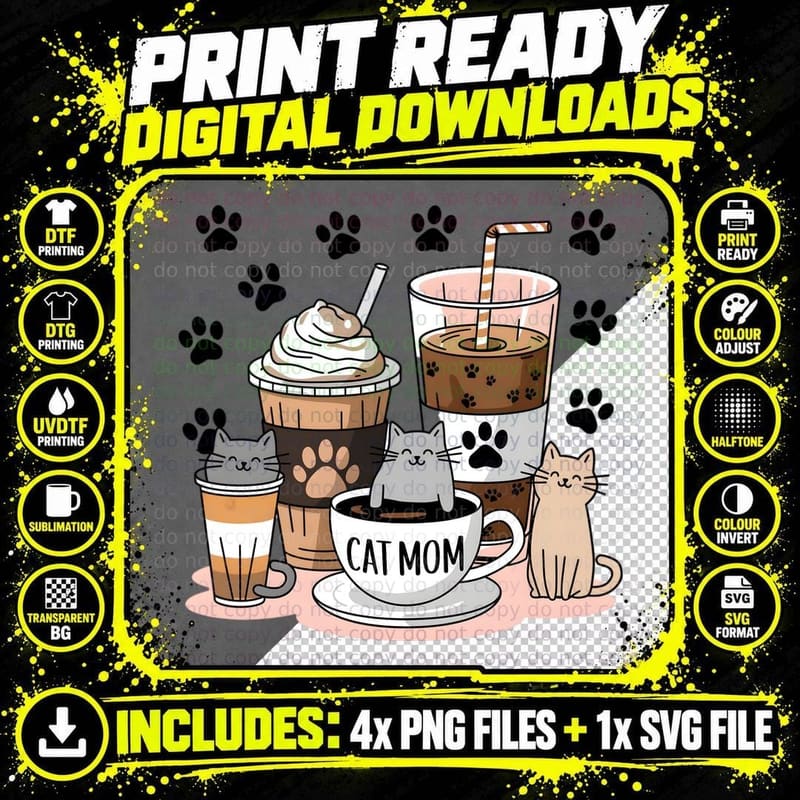 Cat Mom Coffee T-Shirt, Cat-Themed Coffee Drinks with Png SVG Digital Bundle