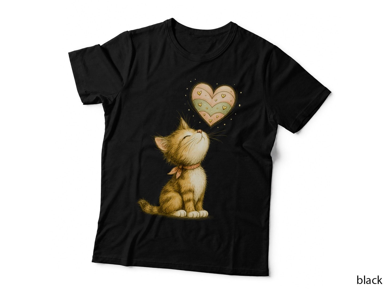 Cat Orange Looking up at Gold Heart T-Shirt
