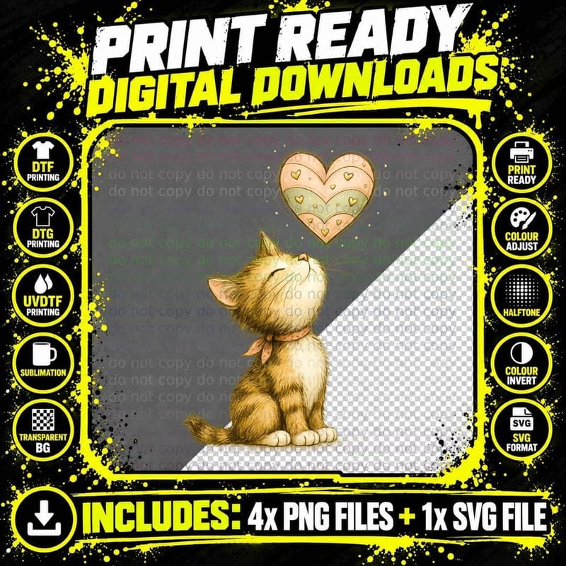 Cat Orange Looking up at Gold Heart T-Shirt Png SVG Digital Bundle