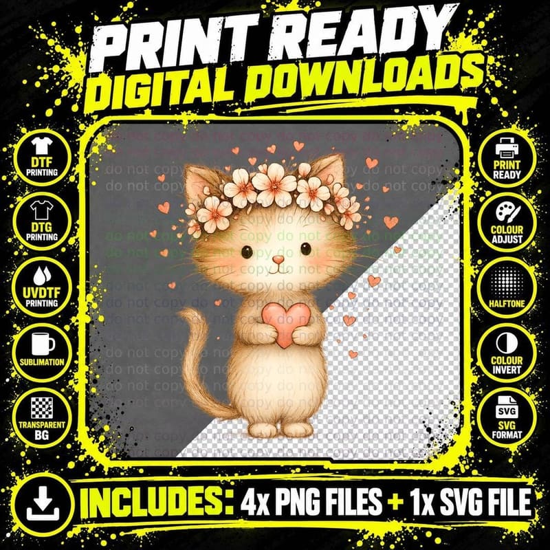 Cat Orange with Flower Crown Holding Heart T-Shirt Png SVG Digital Bundle