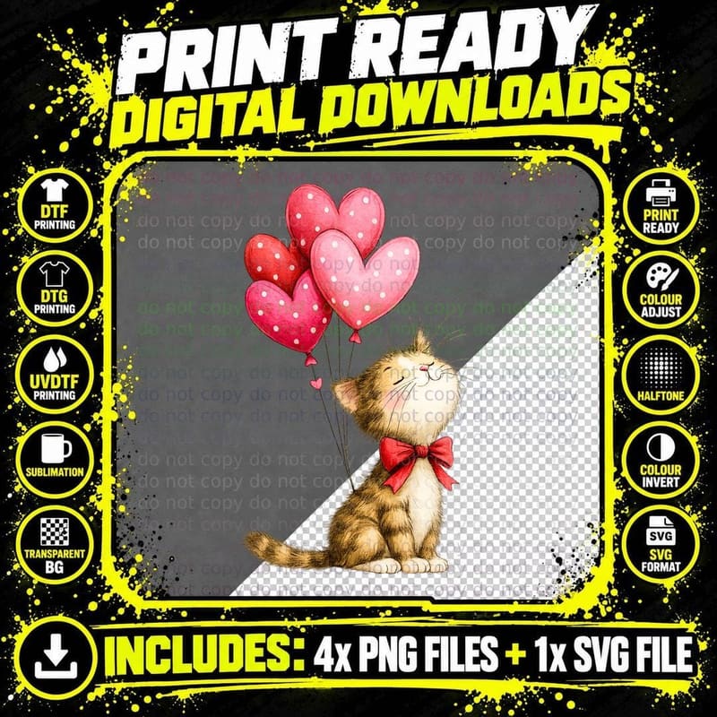 Cat Orange with Polka Dot Heart Balloons T-Shirt Png SVG Digital Bundle