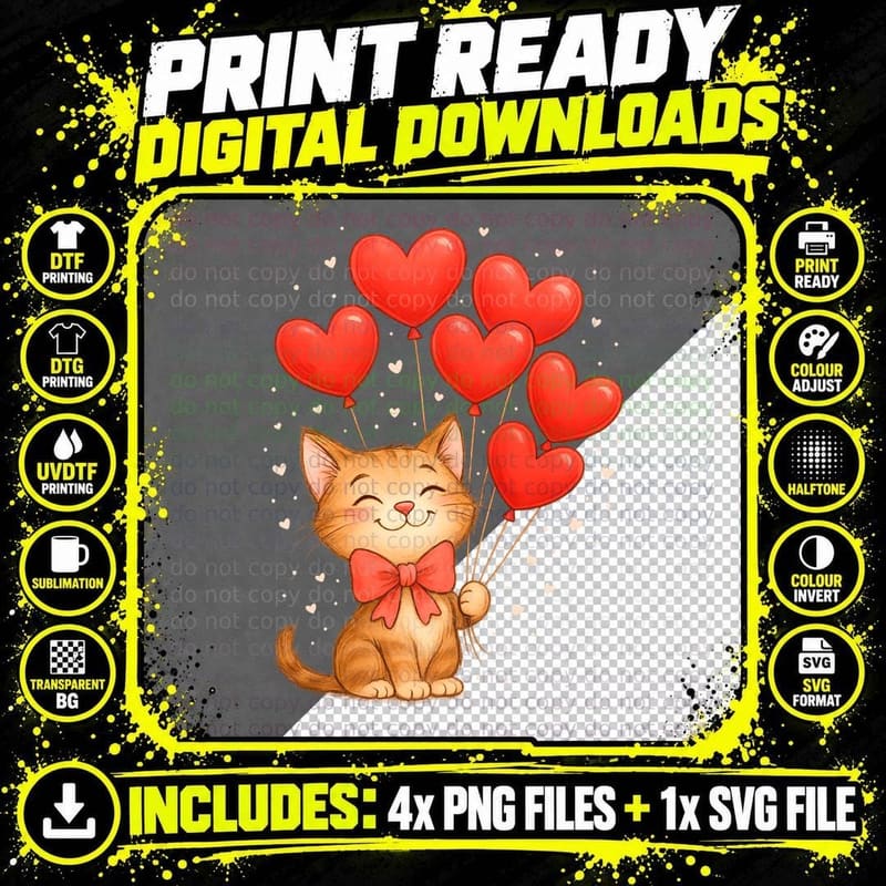 Cat Orange with Red Heart Balloons T-Shirt Png SVG Digital Bundle