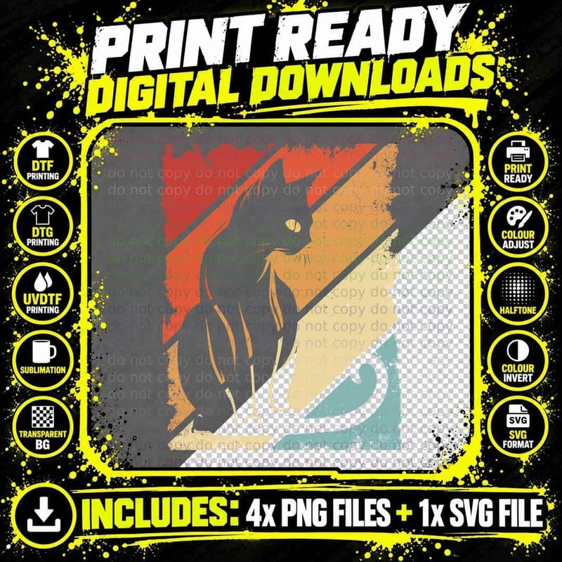 Cat Silhouette Against Colorful Background Cat T-Shirt Png SVG Digital Bundle