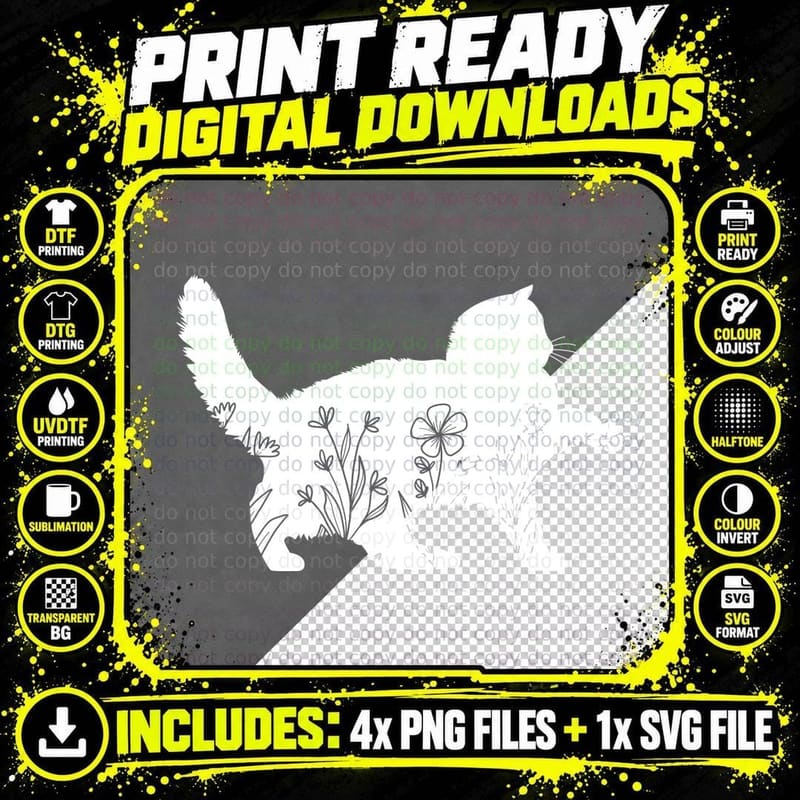 Cat Silhouette Among Flowers Floral Cat T-Shirt Png SVG Digital Bundle