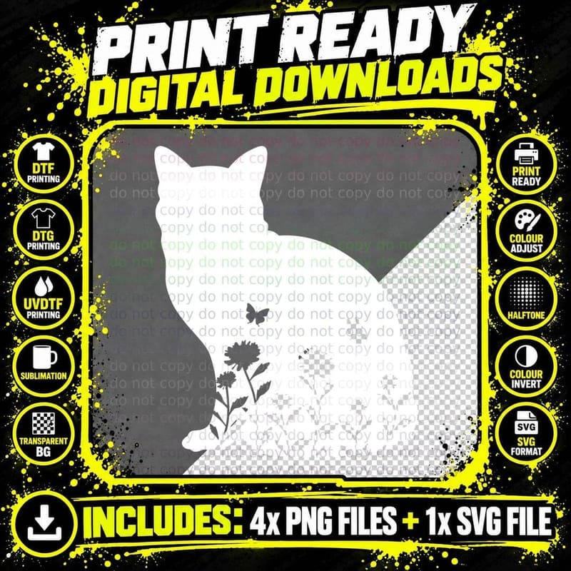 Cat Silhouette Surrounded by Flowers and Butterflies Png SVG Digital Bundle