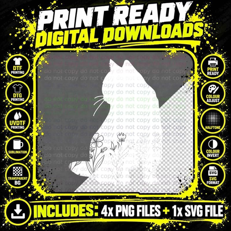 Cat Silhouette in Floral Garden Floral Cat T-Shirt Png SVG Digital Bundle