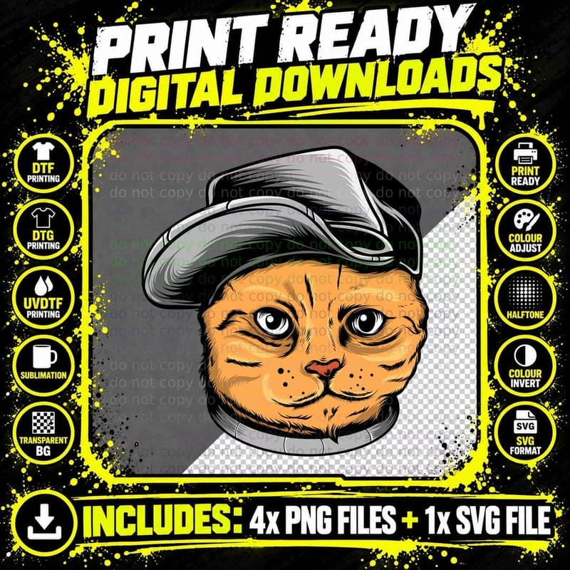 Cat in Hat Minimalist Head Black Beret Vintage T-Shirt Png SVG Digital Bundle