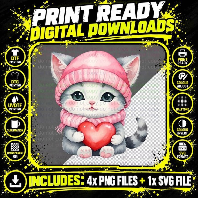 Cat in Pink Hat White Knit Heart Cute Illustration Png SVG Digital Bundle