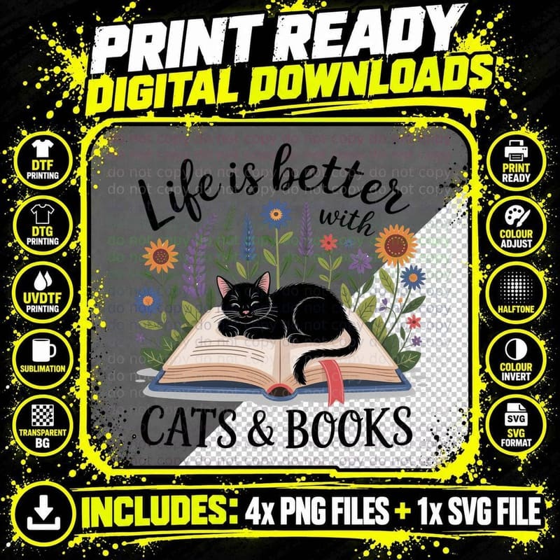 Cats & Books Cat T-Shirt, Black Cat on Book with Flowers Png SVG Digital Bundle