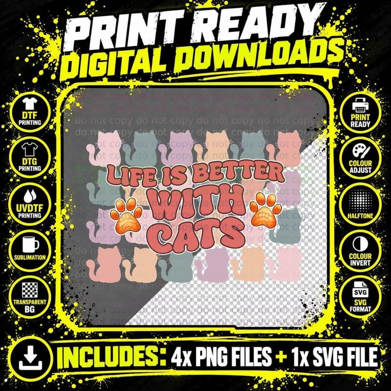 Cats Cat T-Shirt, Colorful Cats with Paws Graphic Tee Png SVG Digital Bundle