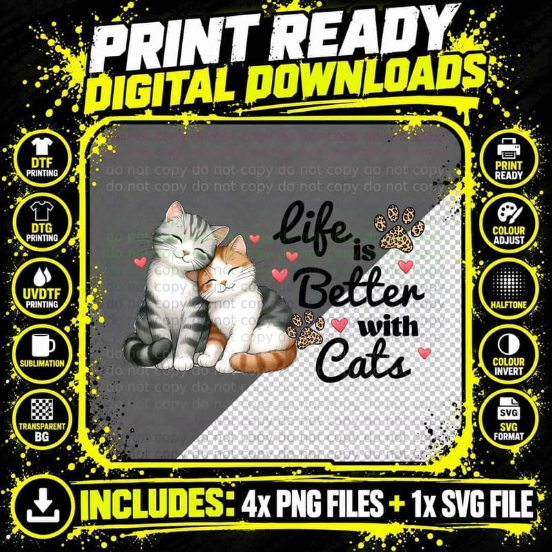 Cats Cat T-Shirt, Two Cats Hugging with Hearts Graphic Png SVG Digital Bundle