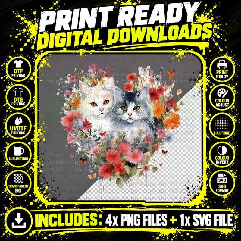 Cats Surrounded by Vibrant Flowers Cat T-Shirt Png SVG Digital Bundle