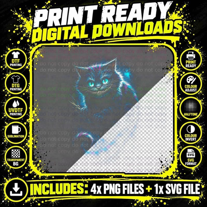 Cheshire Cat T-Shirt, Halftone Alice Wonderland Graphic Png SVG Digital Bundle