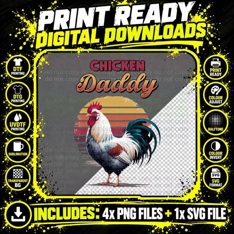 Chicken Daddy Farmer T-Shirt, Rooster Silhouette with Png SVG Digital Bundle