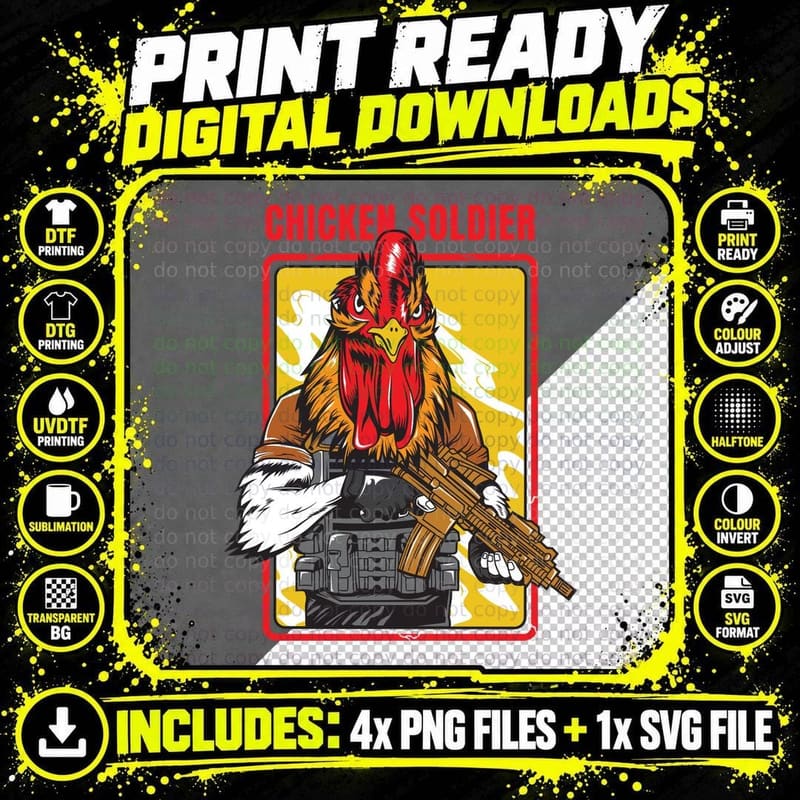Chicken Soldier Military Rooster Rifle Weaponry Humor Png SVG Digital Bundle