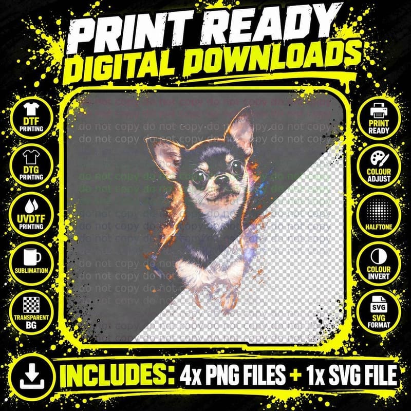 Chihuahua T-Shirt, Halftone Fire Chihuahua Graphic Tee Png SVG Digital Bundle