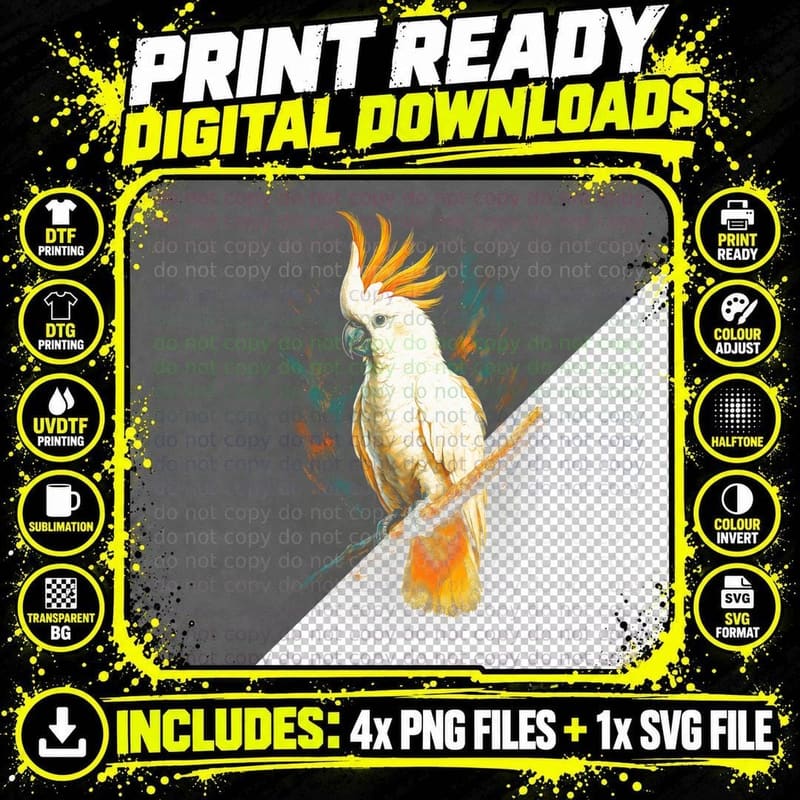 Cockatoo T-Shirt, Halftone Dramatic Cockatoo Graphic Tee Png SVG Digital Bundle