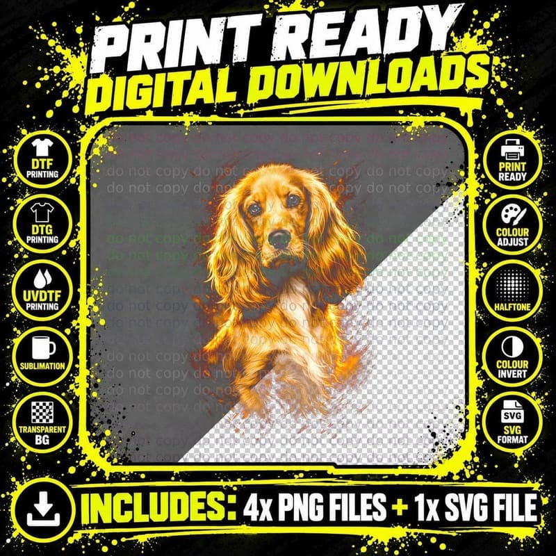 Cocker Spaniel T-Shirt, Halftone Golden Fire Spaniel Png SVG Digital Bundle