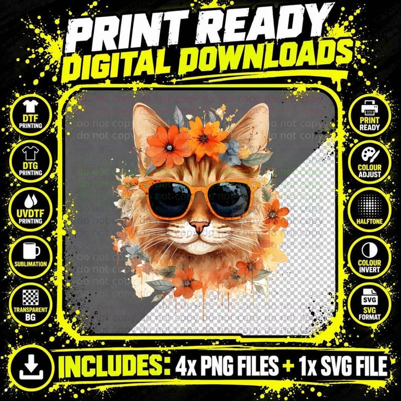 Cool Cat in Sunglasses with Flowers Cat T-Shirt Png SVG Digital Bundle