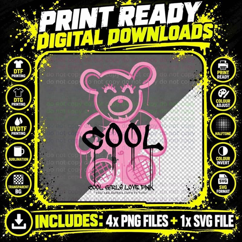 Cool Girls Love Pink Neon Bear Outline Streetwear T-Shirt Png SVG Digital Bundle