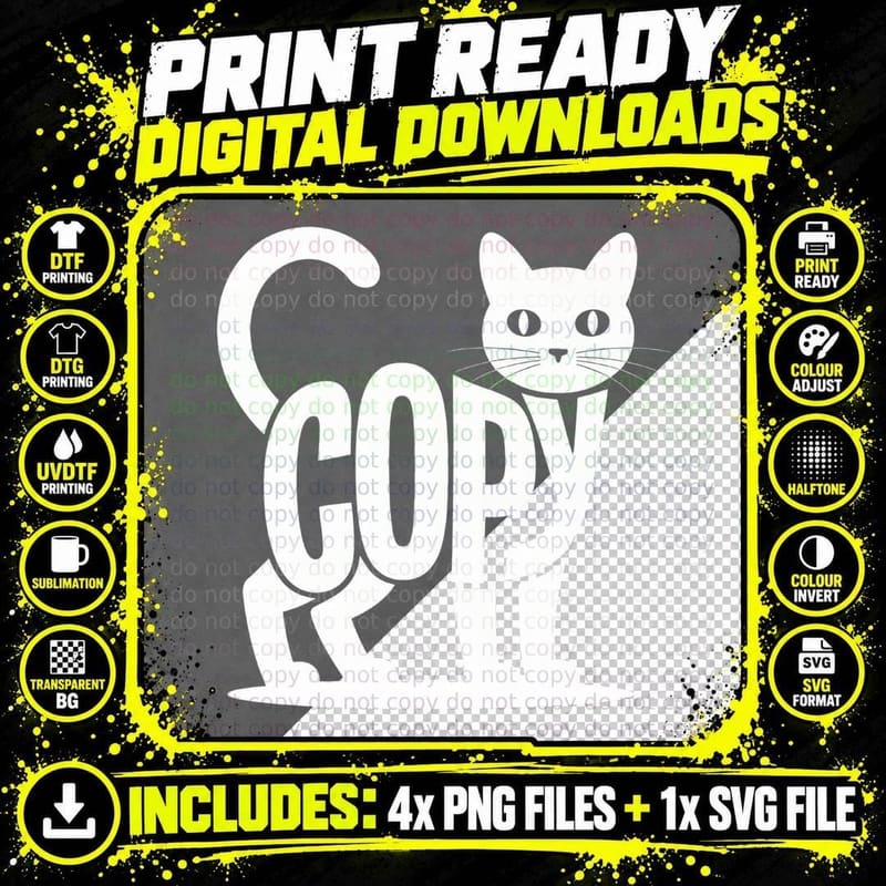 Copy Cat T-Shirt, Black Cat Silhouette with Copy Text Png SVG Digital Bundle