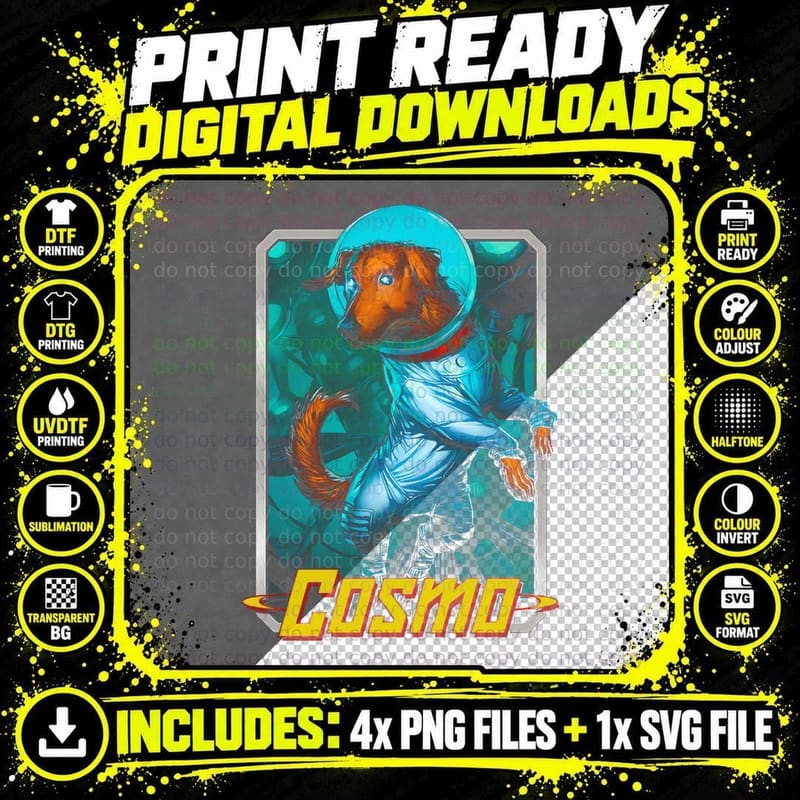Cosmo Orange Dog Astronaut in Space Suit Cyan Teal Png SVG Digital Bundle