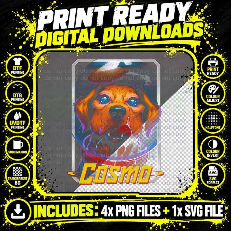 Cosmo Orange Dog with Large Blue Eyes Purple Halftone Png SVG Digital Bundle