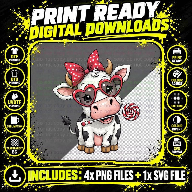 Cow Red Bow White with Polka Dot Lollipop T-Shirt Png SVG Digital Bundle