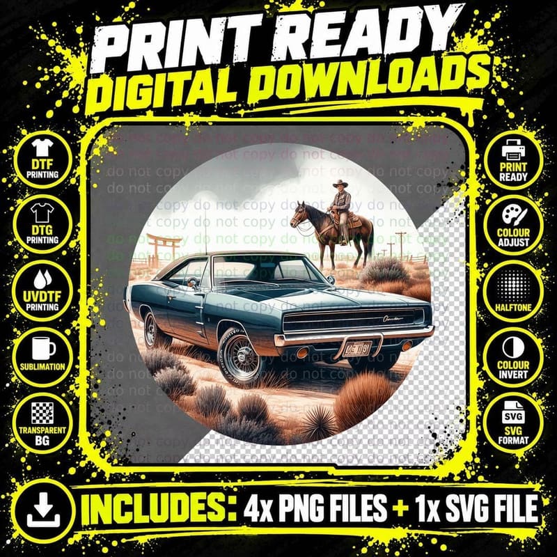 Cowboy Horse Rider Male Blue Orange Retro T-Shirt Png SVG Digital Bundle