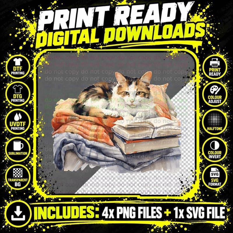 Cozy Cat Reading Books Cat T-Shirt, Cat Graphic Tee Png SVG Digital Bundle
