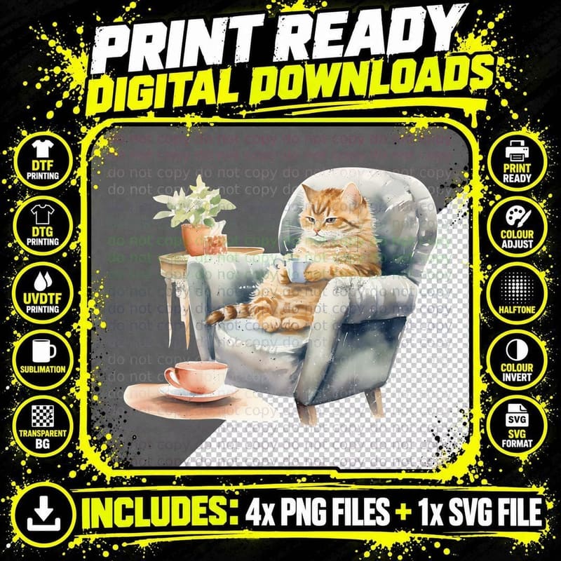 Cozy Cat in Chair with Tea Cat T-Shirt, Cat Graphic Tee Png SVG Digital Bundle